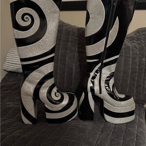 Dolls Kill Silver Rhinestone Swirl Black Platform Boots